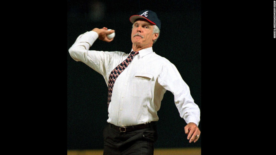 Ted Turner, then-owner of the Braves, throws the first pitch before the first regular season game in Turner Field.