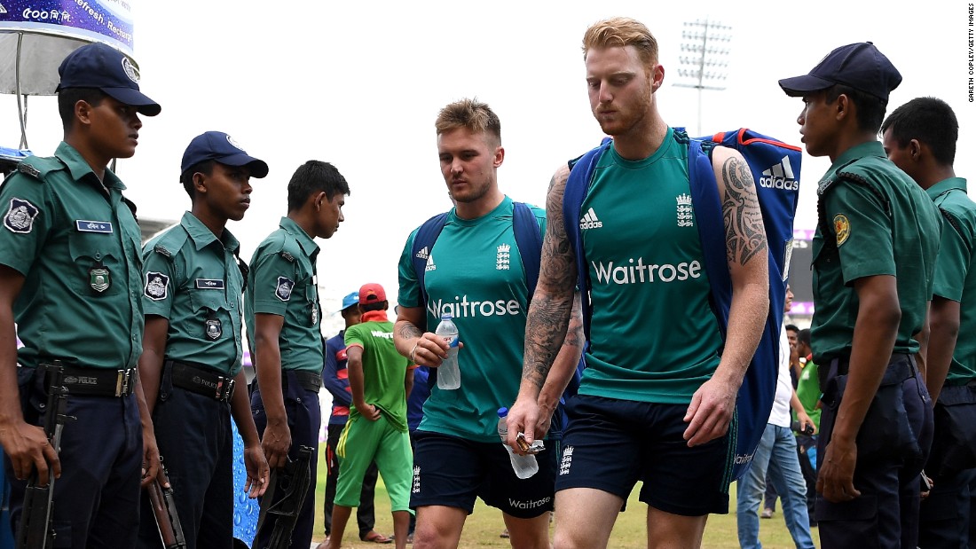 A huge security presence greeted England&#39;s cricketers as they arrived in Bangladesh for a three-match series. Whenever the team leaves its hotel, armed guards will follow as it is afforded Presidential levels of protection.