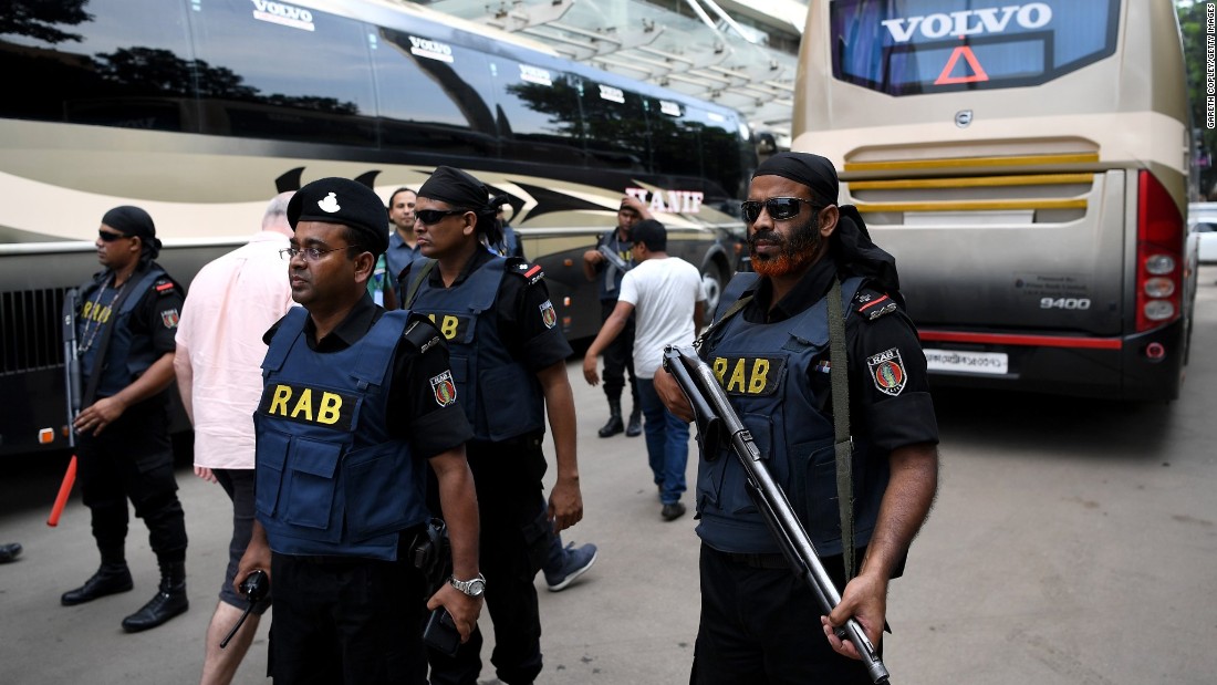 An estimated 500 security officials are protecting the England team with rooftop snipers, sniffer dogs, a bomb disposal unit and even a decoy team coach on hand as well as a bevy of armed guards. Roads were shut down for the team&#39;s first trip to the Sher-e-Bangla Stadium to train.