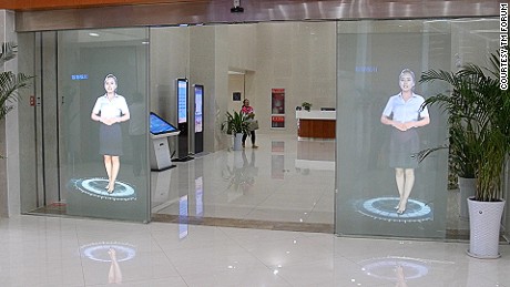 Holograms welcome visitors to the City Hall in Yinchaun,.