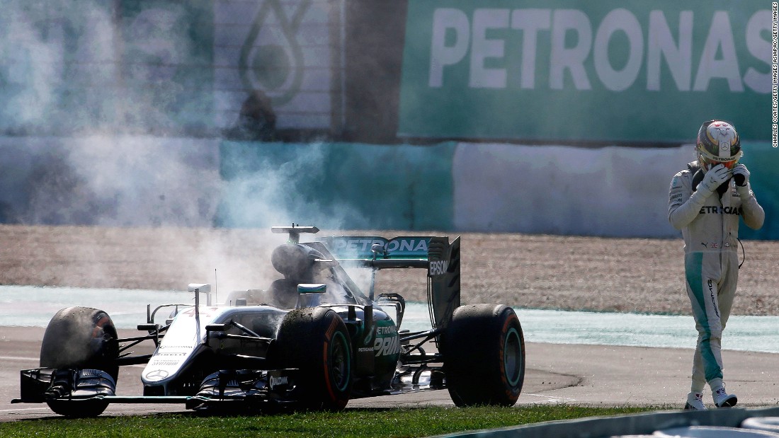 Hamilton arrived in Kuala Lumpur determined to reignite the title battle, and everything was going smoothly until lap 43 of the race when his engine caught fire. &quot;Oh no, no,&quot; moaned Hamilton as he was forced to retire. Rosberg finished third &lt;a href=&quot;http://cnn.com/2016/10/02/motorsport/malaysia-gp/&quot; target=&quot;_blank&quot;&gt;behind Red Bull duo Ricciardo and Verstappen&lt;/a&gt; to extend his lead to 23 points.