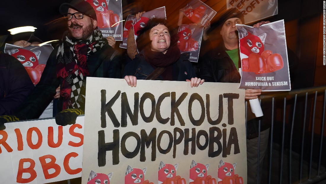 Protesters demonstrate outside the 2015 BBC Sports Personality of the Year awards in Belfast to oppose Fury&#39;s addition to the shortlist after he made controversial comments about homosexuality.