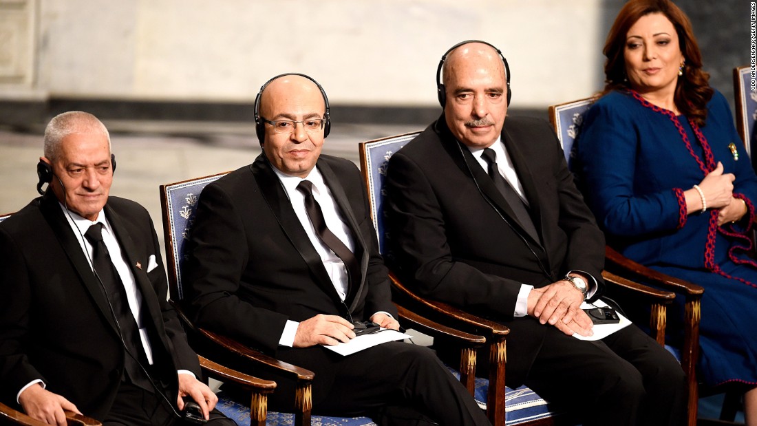 The 2015 Nobel Peace Prize was awarded to the Tunisian National Dialogue Quartet for its &quot;decisive contribution to the building of a pluralistic democracy in the country in the wake of the Jasmine Revolution of 2011.&quot; From left to right: the Secretary General of the Tunisian General Labour Union Houcine Abbassi, the President of the National Order of Tunisian Lawyers Fadhel Mahfoudh, the Tunisian Human Rights League Abdessatar Ben Moussa and the President of the Tunisian employers union Wided Bouchamaoui.