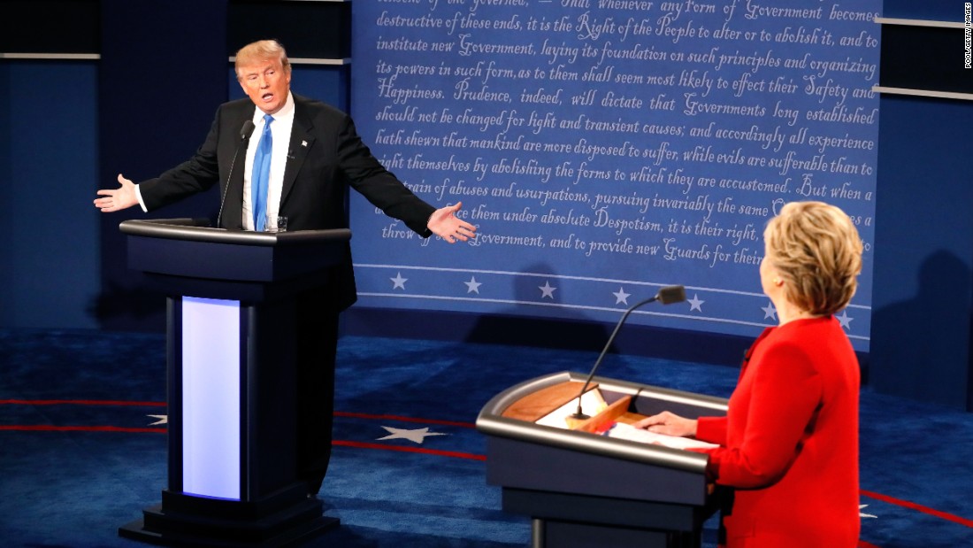Trump faces Democratic nominee Hillary Clinton in &lt;a href=&quot;http://www.cnn.com/2016/09/26/politics/gallery/first-presidential-debate/index.html&quot; target=&quot;_blank&quot;&gt;the first presidential debate, &lt;/a&gt;which took place in Hempstead, New York, in September 2016.