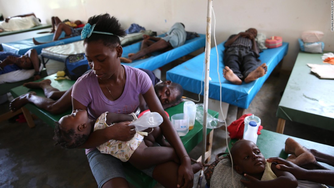 People sick with cholera receive medical assistance at a hospital in Jeremie on October 10. The destruction from Matthew has accelerated the cholera epidemic in Haiti and undermined strides made in fighting the waterborne disease, the country&#39;s leader says.