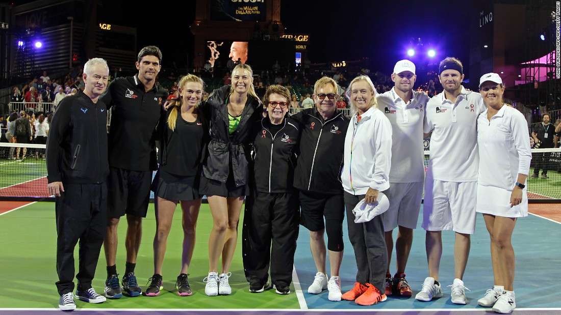The event featured a number of tennis greats and big celebrity names. From left to right: John McEnroe, Mark Philippoussis, Taylor Johnson, Maria Sharapova, Billie Jean King, musician Elton John , Martina Navratilova, Andy Roddick, Mardy Fish and Liezel Huber.