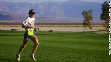 Steve Scott runs to his ball during the Powerbar Speedgolf Tournament in 1993. It was only recently that players were made to carry all their own clubs.