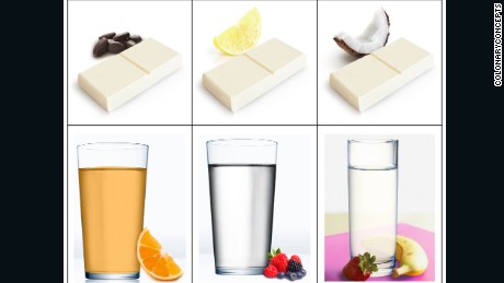 Food bars and drinks, pictured next to their flavors, developed by the biotech firm ColonaryConcepts to be used as part of a colonoscopy preparation routine.