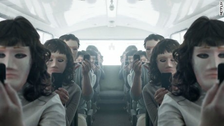 An image from &quot;Black Mirror,&quot; a British anthology series about technological threats.