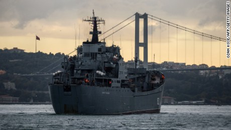Russian warship BSF Nikolay Filchenkov 152 passes the Bosphorus Strait off Istanbul on October 18 on its way to Tartus. 