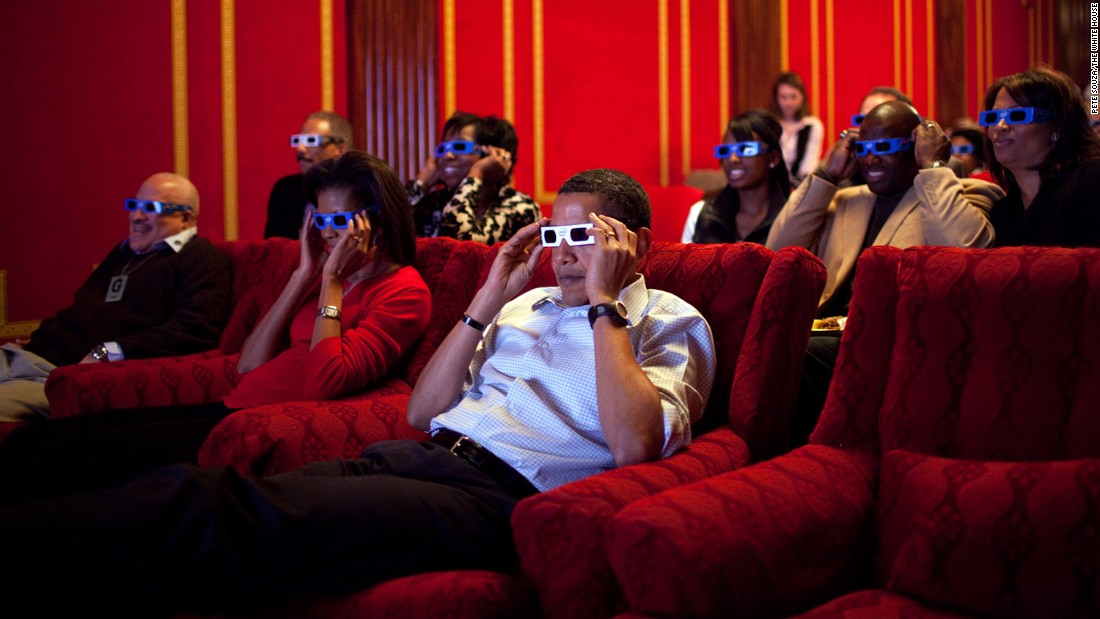 Obama wears 3-D glasses during a Super Bowl viewing at the White House on February 1, 2009.