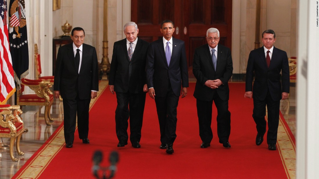 Obama hosted a working dinner with Mideast leaders on September 1, 2010. With Obama, from left, are Egyptian President Hosni Mubarak, Israeli Prime Minister Benjamin Netanyahu, Palestinian Authority President Mahmoud Abbas and Jordan&#39;s King Abdullah II. Obama said he was &lt;a href=&quot;http://www.cnn.com/2010/POLITICS/09/01/mideast.peace.talks/&quot; target=&quot;_blank&quot;&gt;&quot;cautiously hopeful&quot;&lt;/a&gt; that talks could achieve a two-state solution to the long-running Mideast conflict.