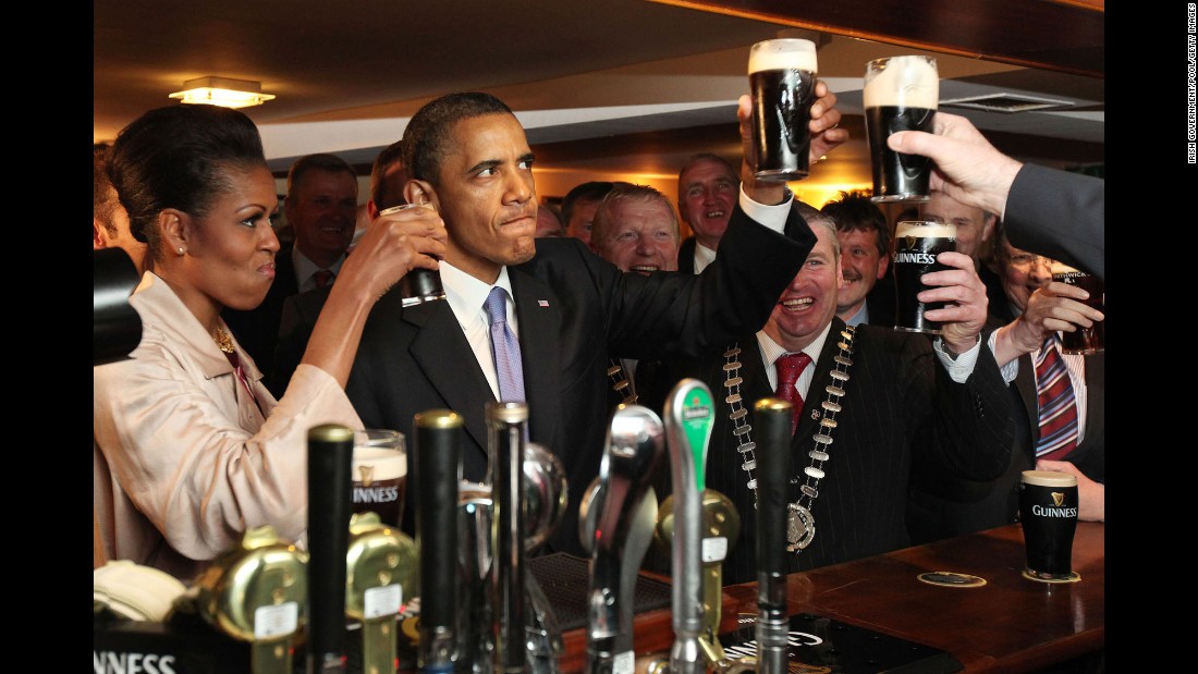 Obama and the first lady enjoy a glass of Guinness as they &lt;a href=&quot;http://www.cnn.com/2011/POLITICS/05/23/obama.ireland/&quot; target=&quot;_blank&quot;&gt;visit his ancestral home&lt;/a&gt; of Moneygall, Ireland, on May 23, 2011. Moneygall is believed to be the birthplace of one of his great-great-great grandfathers.