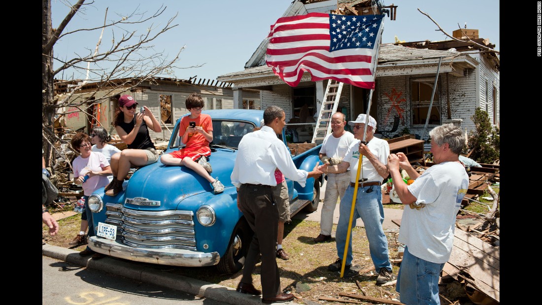Obama greets Hugh Hills, 85, in front of Hills&#39; tornado-damaged home in Joplin, Missouri, on May 29, 2011. It was &lt;a href=&quot;http://www.cnn.com/2016/05/22/us/joplin-tornado-anniversary/&quot; target=&quot;_blank&quot;&gt;the deadliest tornado to hit American soil&lt;/a&gt; since the National Weather Service began keeping records in 1950. Nearly 160 people were killed.
