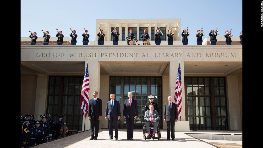 Obama and four former U.S. Presidents attend the dedication of the George W. Bush Presidential Center and Museum on April 25, 2013. From left are Obama, Bush, Bill Clinton, George H.W. Bush and Jimmy Carter.
