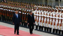 President of the Philippines Rodrigo Duterte and Chinese President Xi Jinping review the honor guard as they attend a welcoming ceremony at the Great Hall of the People on October 20, 2016 in Beijing, China.