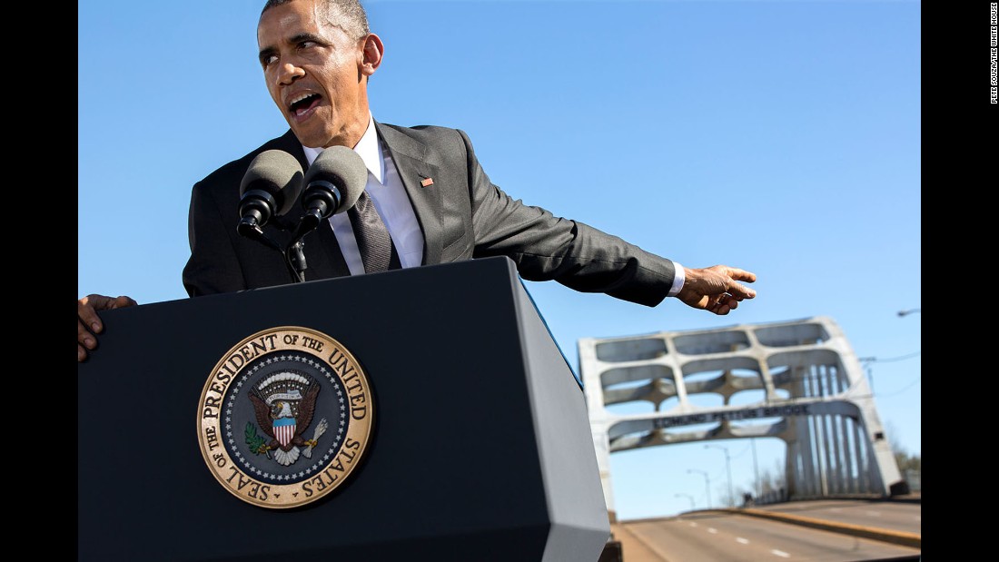 Obama delivers remarks at the Edmund Pettis Bridge on the 50th anniversary of &lt;a href=&quot;http://www.cnn.com/2015/01/06/us/gallery/selma-bloody-sunday-1965/index.html&quot; target=&quot;_blank&quot;&gt;&quot;Bloody Sunday,&quot;&lt;/a&gt; when marchers were brutally beaten in Selma, Alabama, as they demonstrated for voting rights in 1965.