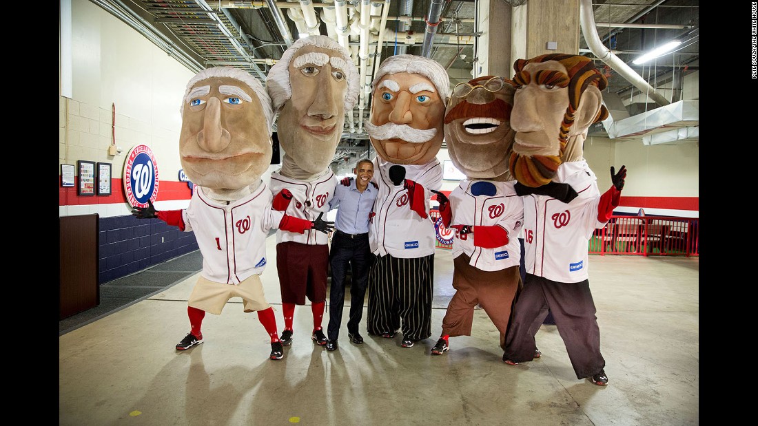 Obama takes a photo with the &quot;Racing Presidents&quot; of the Washington Nationals baseball team on June 11, 2015. The mascots, which race at every Nationals home game, represent former U.S. Presidents -- from left, George Washington, Thomas Jefferson, William Howard Taft, Theodore Roosevelt and Abraham Lincoln. &quot;The President asked the Secret Service to stop the motorcade when he spotted The Racing Presidents,&quot; White House Photographer Pete Souza said.