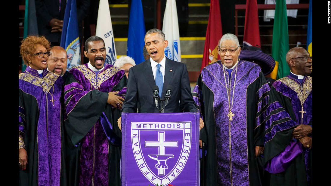 Obama sings &quot;Amazing Grace&quot; during services honoring the life of South Carolina state Sen. Clementa Pinckney on June 26, 2015. Pinckney was one of nine people &lt;a href=&quot;http://www.cnn.com/2015/06/24/us/charleston-church-shooting-main/&quot; target=&quot;_blank&quot;&gt;killed in a church shooting&lt;/a&gt; in Charleston, South Carolina.