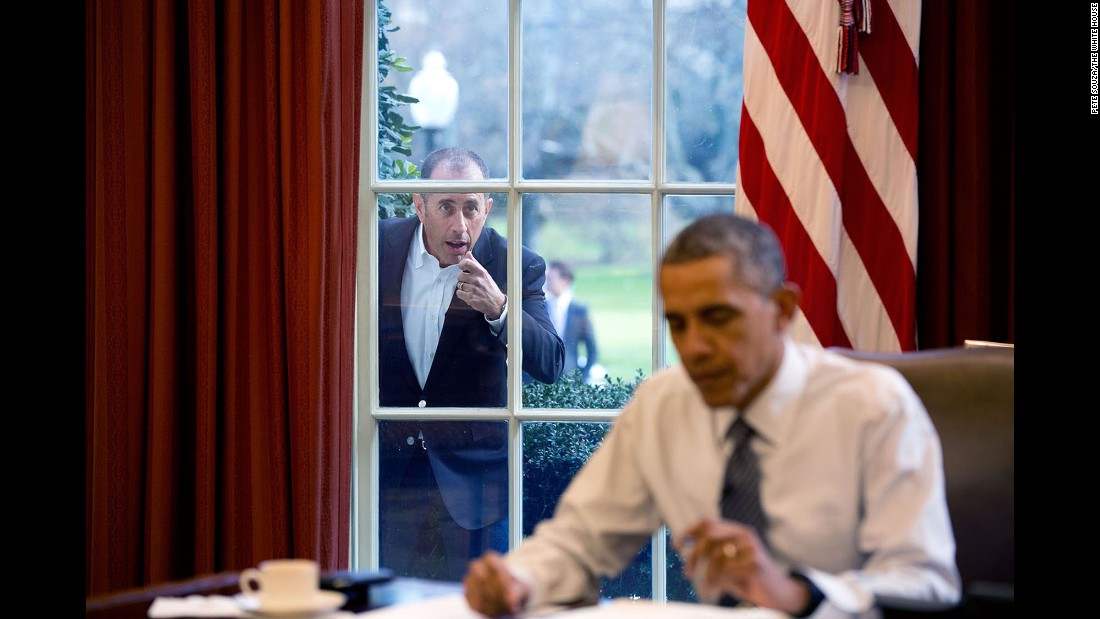 Comedian Jerry Seinfeld knocks on the Oval Office window December 7, 2015, during a taping of his series &quot;Comedians in Cars Getting Coffee.&quot; The two &lt;a href=&quot;http://www.cnn.com/2015/12/31/politics/barack-obama-jerry-seinfeld-comedians-in-cars-getting-coffee/&quot; target=&quot;_blank&quot;&gt;drove around the White House&lt;/a&gt; in a 1963 Corvette Stingray, drank coffee and talked politics in the episode.