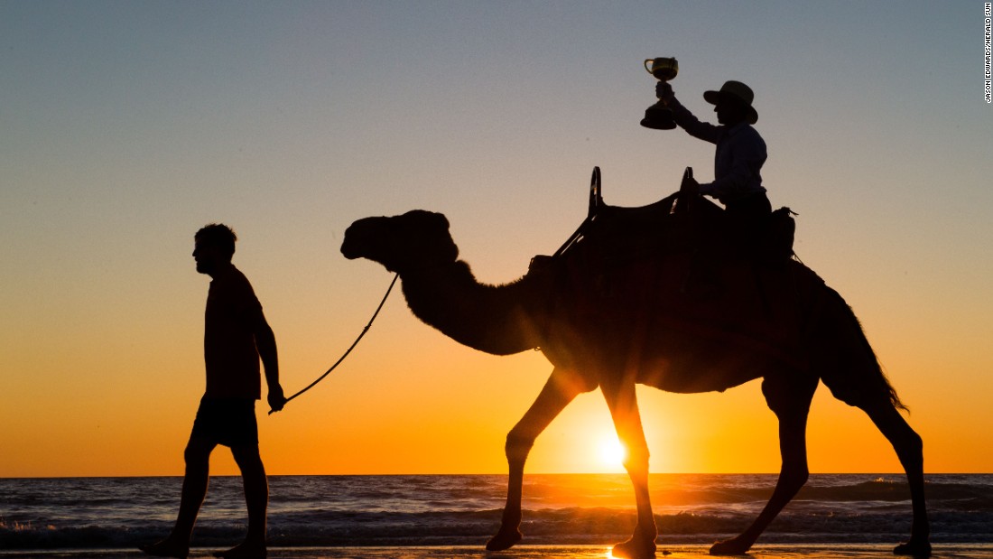 Dual Melbourne Cup winning jockey Jim Cassidy takes the 2016 Emirates Melbourne Cup for a camel ride along Cable Beach, Broome, Western Australia.