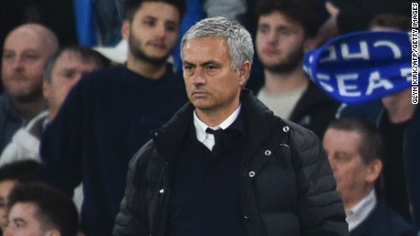 A miserable Jose Mourinho watches on as his side slipped to a 4-0 defeat to his former club Chelsea at Stamford Bridge.
