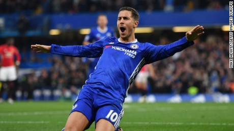 Man of the match Eden Hazard put the game out of reach for Manchester United by scoring Chelsea&#39;s third. 