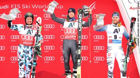 From left to right, Marcel Hirscher, Alexis Pinturault and Felix Neureuther. The trio made up the podium in the first race of the 2016 Alpine Skiing World Cup.