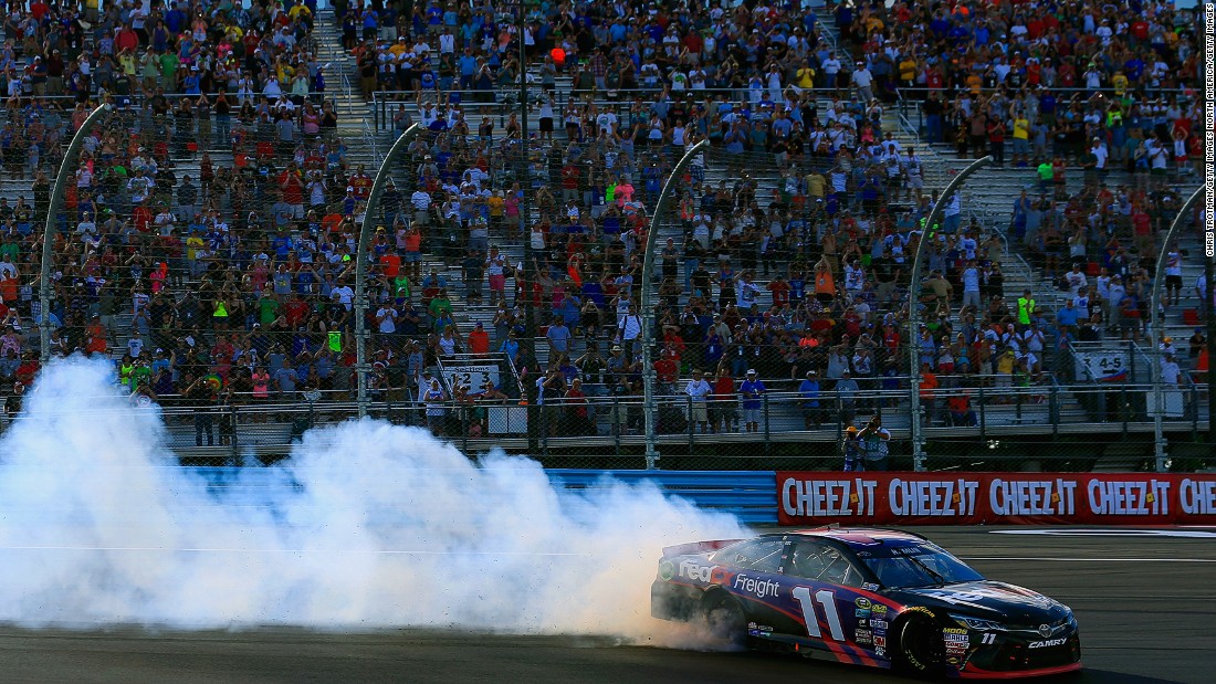 &quot;What I love about racing really is the competition of it,&quot; says Hamlin. &lt;br /&gt;Pictured here he celebrates his win at the NASCAR Sprint Cup Series Cheez-It 355 with a burnout in August 2016.