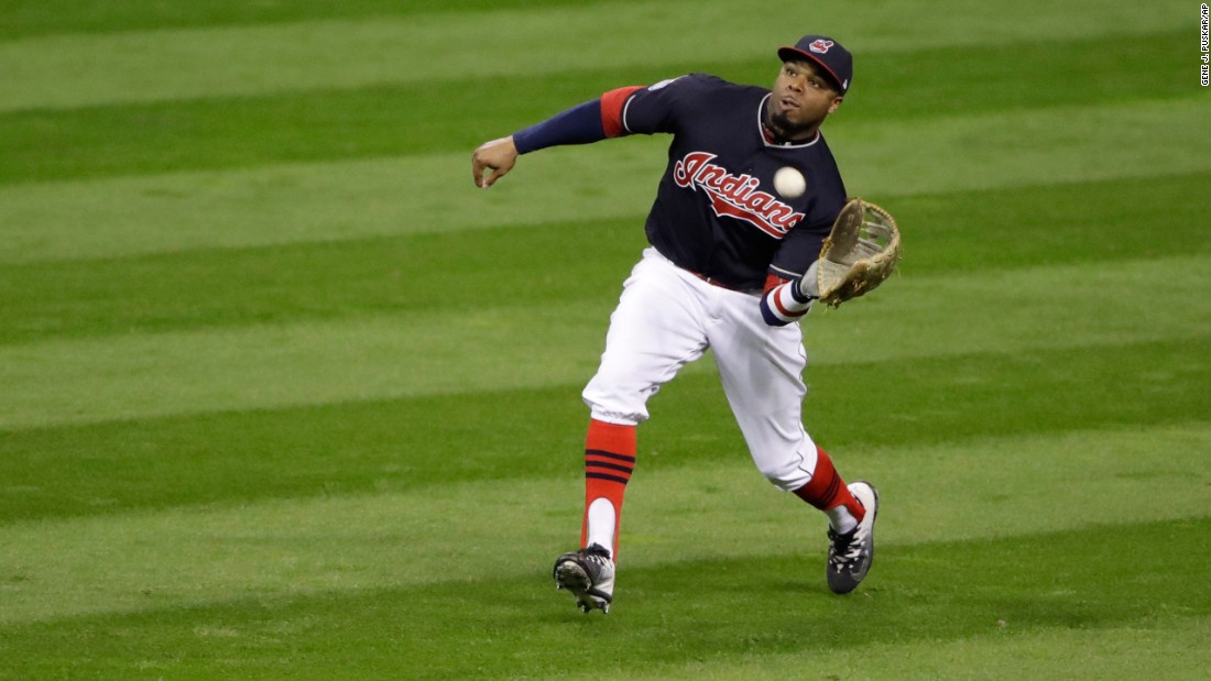 Cleveland outfielder Rajai Davis catches a ball hit by the Cubs&#39; Willson Contreras in Game 1.