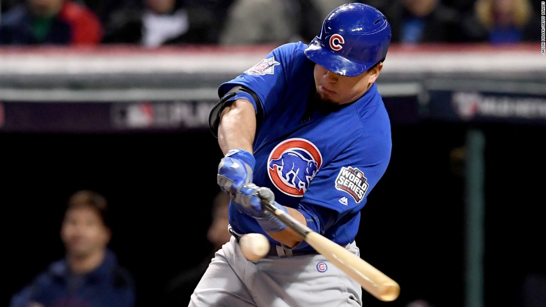 Kyle Schwarber of the Cubs hits an RBI single during the third inning in Game 2.
