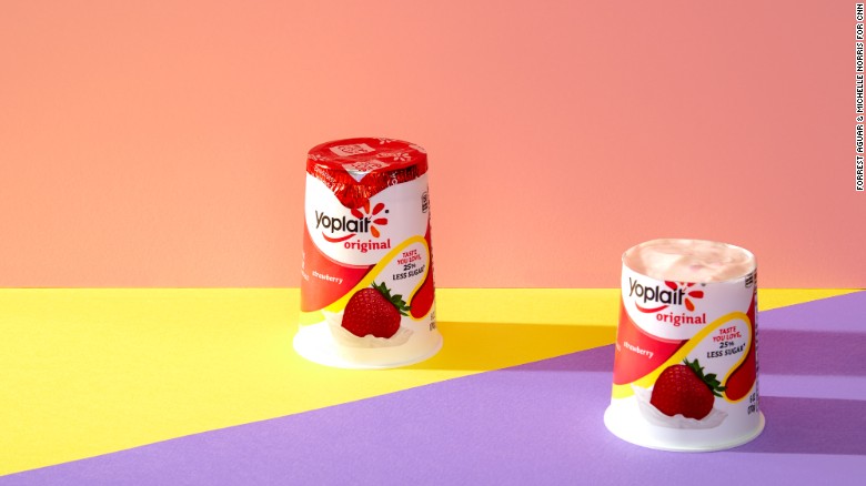 For a standard 6-ounce container of Yoplait yogurt (strawberry), one plus four-fifths of another equals 33 grams of sugar.