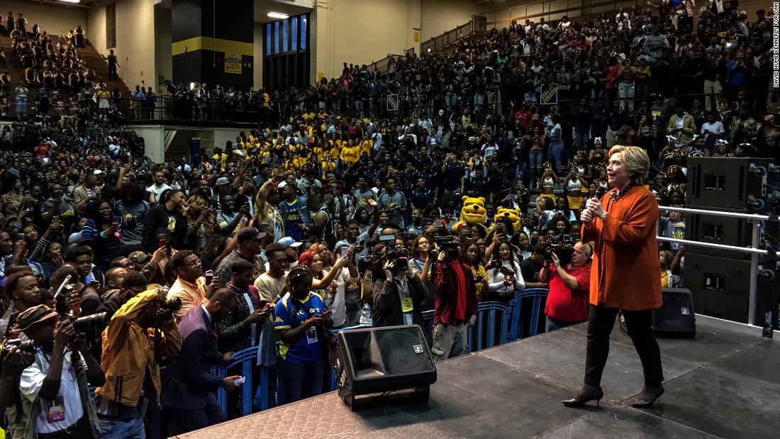 Clinton attends a homecoming pep rally at North Carolina A&amp;amp;T State University on Thursday, October 27.