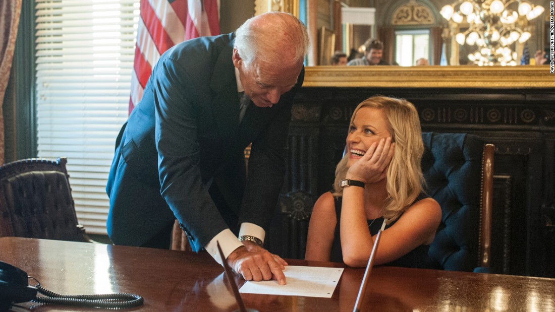 Biden makes a cameo in the TV show &quot;Parks and Recreation&quot; in 2012. The show&#39;s main character, played by Amy Poehler, touched Biden&#39;s face and laughed awkwardly when they met.