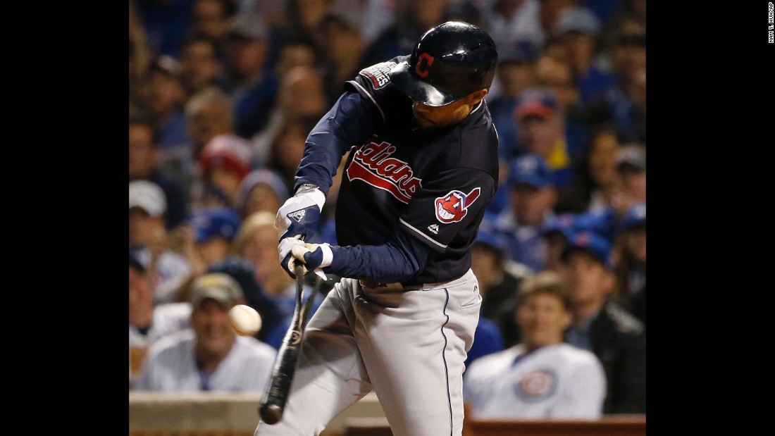 Coco Crisp of the Indians breaks his bat hitting an RBI single during the seventh inning in Game 3.