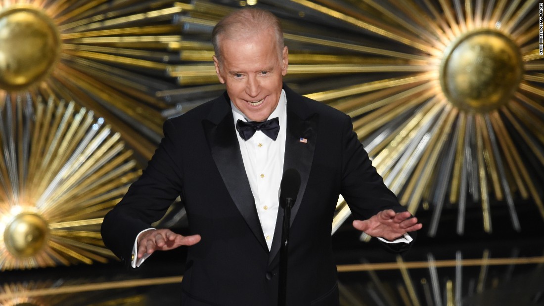 Biden speaks on stage during the Academy Awards in February 2016. Before introducing Lady Gaga&#39;s performance of &quot;Til It Happens to You,&quot; Biden encouraged Americans to take action against sexual assault on college campuses. &quot;Let&#39;s change the culture,&quot; Biden said. &quot;We must, and we can.&quot;