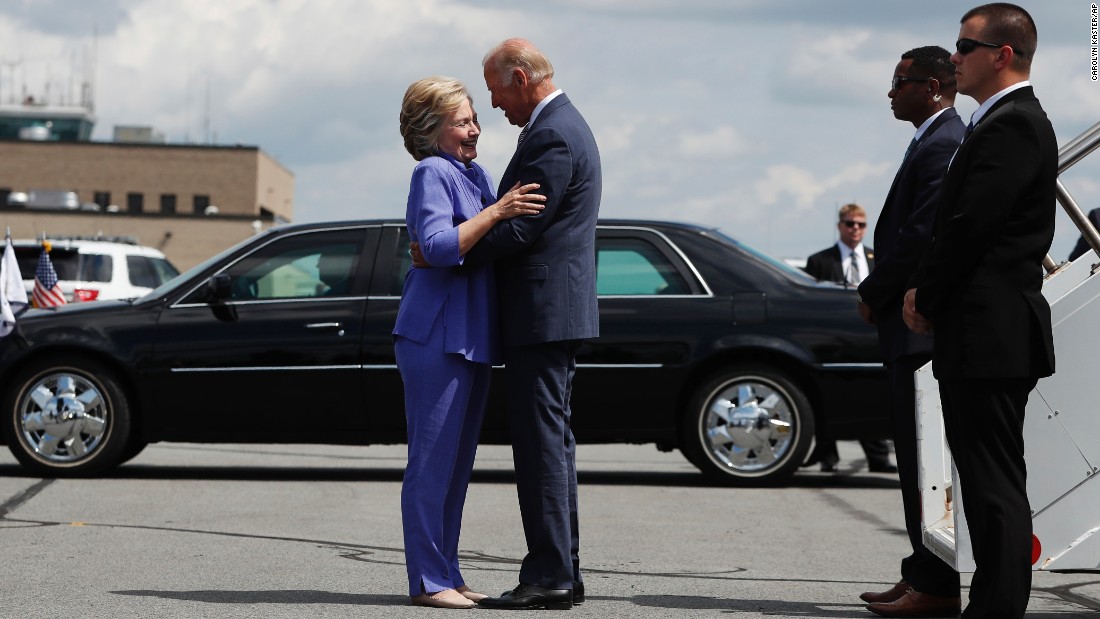 Democratic presidential nominee Hillary Clinton greets Biden on an airport tarmac in Avoca, Pennsylvania, in August 2016. &lt;a href=&quot;http://www.cnn.com/videos/us/2016/08/17/joe-biden-endless-hug-moos-pkg-erin.cnn&quot; target=&quot;_blank&quot;&gt;Watch CNN&#39;s Jeanne Moos on the &quot;endless embrace.&quot;&lt;/a&gt;