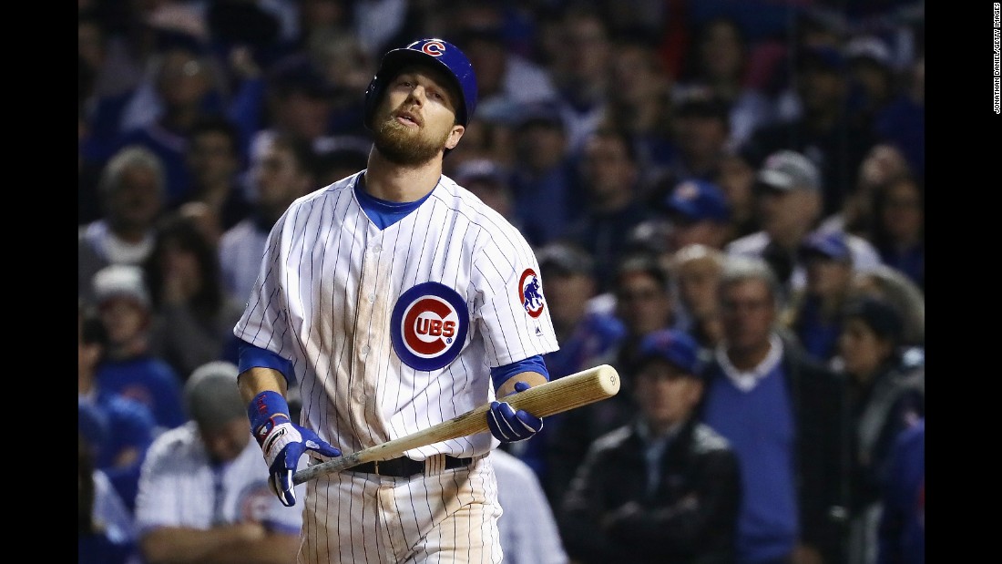 Ben Zobrist of the Cubs reacts after striking out in the ninth inning in Game 3.