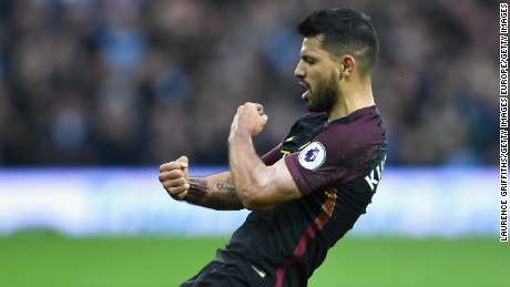 Sergio Aguero celebrates scoring his team&#39;s second goal during the Premier League clash with between West Bromwich Albion.