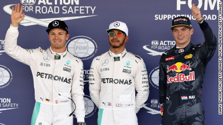 Nico Rosberg (left) rescued a front row position, finishing second to Lewis Hamilton (center) and ahead of Max Verstappen in Mexico qualifying.
