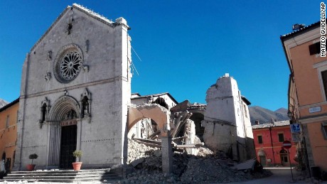 A view of the facade of the San Benedetto Basilica, in Norcia, after the quake on Sunday. 