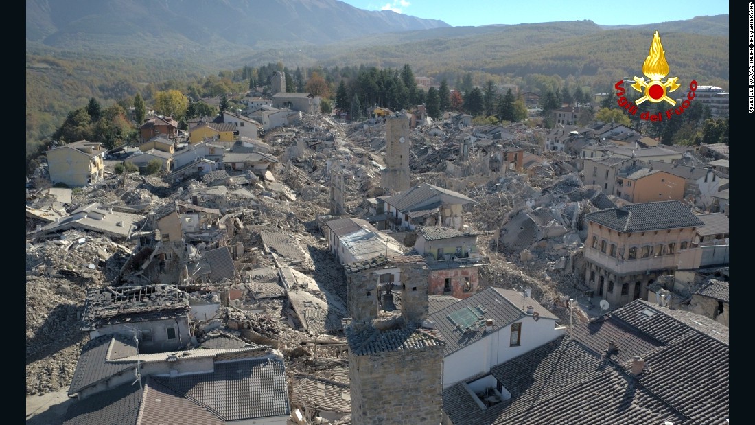 An aerial view shows the destruction in the hilltop town of Amatrice following the earthquake on October 30.