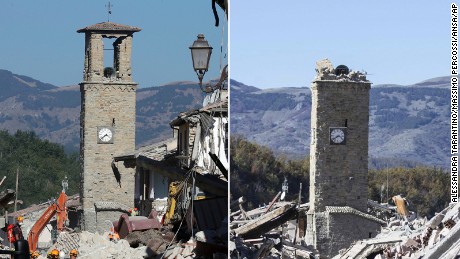 The bell tower of Amatrice, which remained standing after the August earthquake, is seen with its top partly collapsed after Sunday&#39;s tremor. 