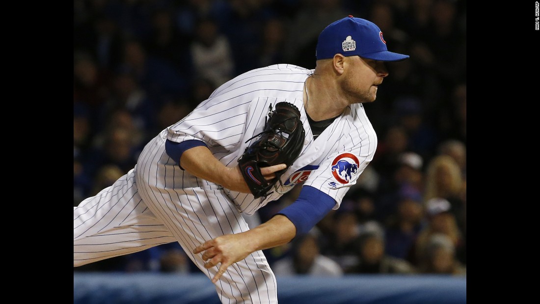 Chicago Cubs starting pitcher Jon Lester throws during the first inning of Game 5.