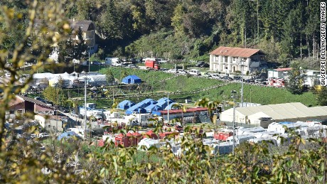 Temporary shelters set up in the town of Arquata del Tronto following Sunday&#39;s massive earthquake