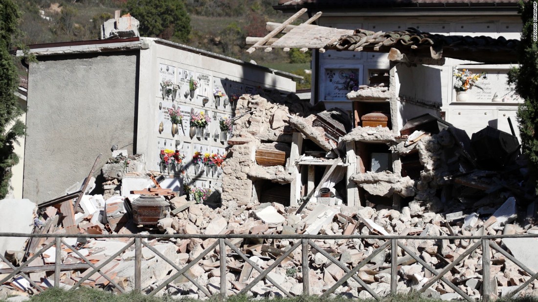 A graveyard in Campi, central Italy, lies in ruins on Monday, October 31, after another powerful earthquake struck the region on Sunday. No deaths have been reported from the 6.6-magnitude quake as many towns in the affected area were evacuated following a devastating earthquake in August, which killed almost 300 people.