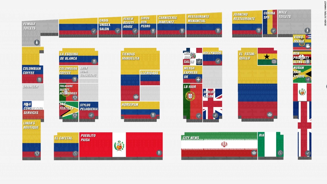 Map of store nationalities in the market, dominated by Latin American and particularly Colombian businesses. 