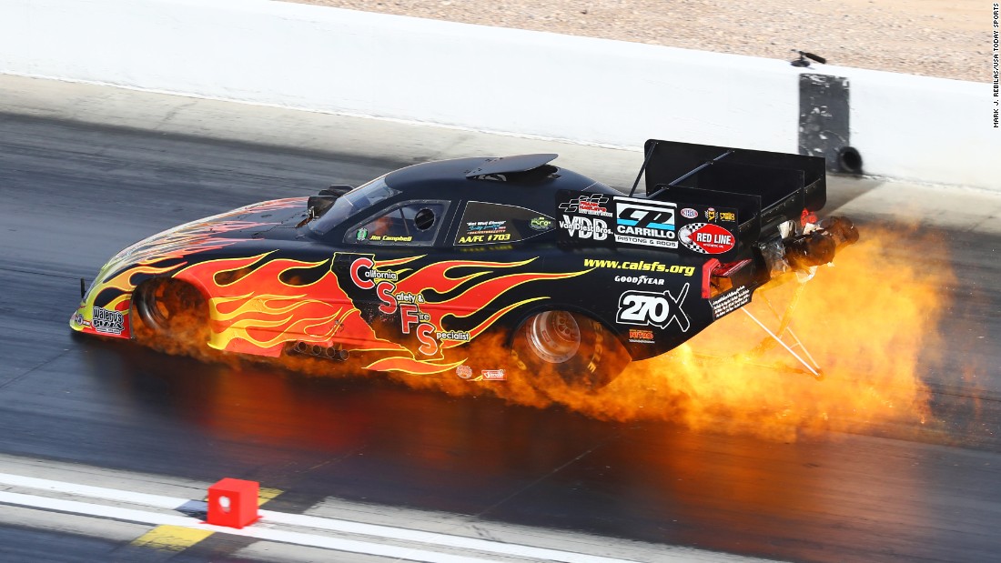 Jim Campbell&#39;s engine caught fire Saturday, October 29, during NHRA qualifying at Las Vegas Motor Speedway. He was unhurt.