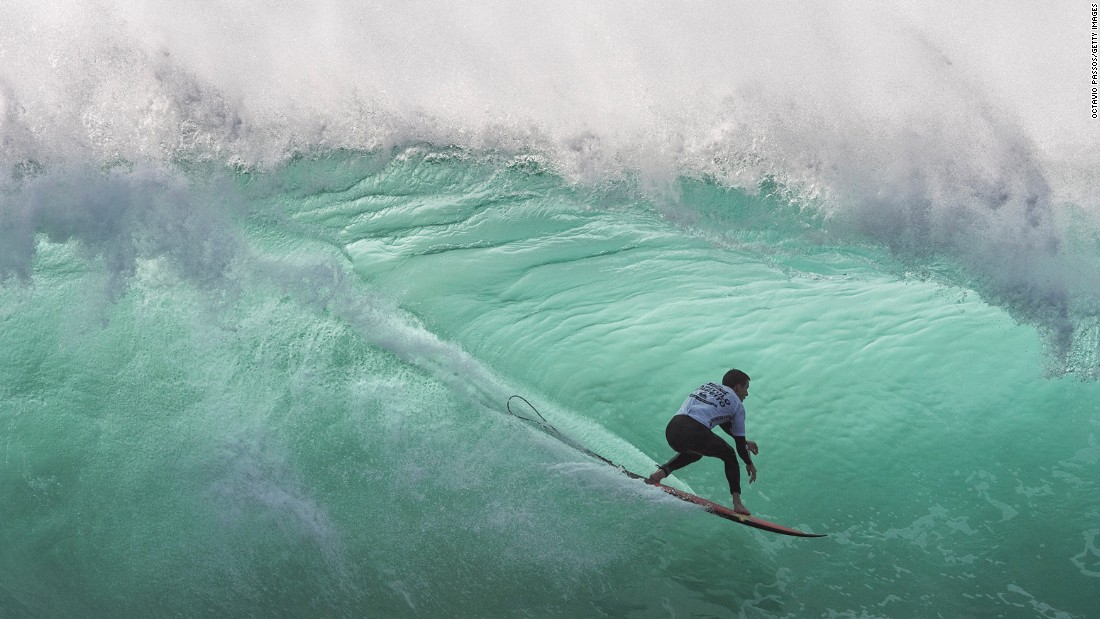 Balaram Stack takes part in a surfing competition in Nazare, Portugal, on Monday, October 31.