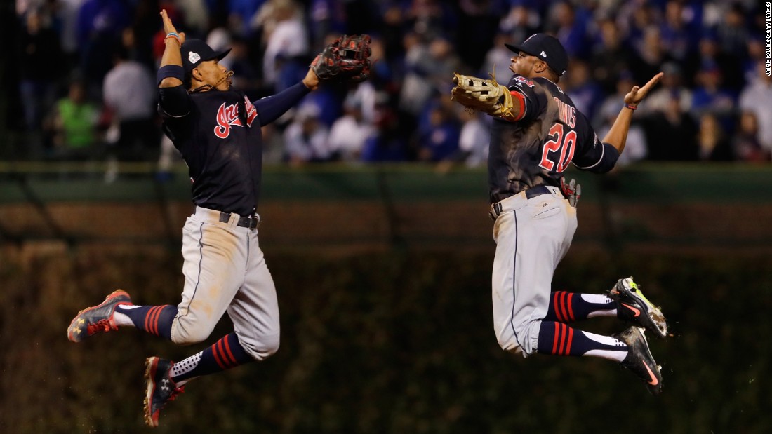 Francisco Lindor, left, and Rajai Davis celebrate after the Cleveland Indians won Game 3 of the World Series on Friday, October 28. The Indians are seeking their first World Series title since 1948.